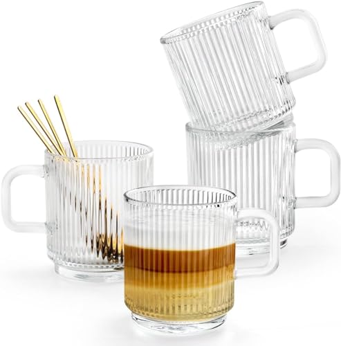 Image of 385 ML Glass Coffee Mug Set, with Convenient Handle, Tea Glasses for Hot /Cold Beverages, Thermal Shock Resistant, Tempered Glass, Mugs for Cappuccino Pack of 4 (PN - 03, 4 Count (Pack of 1))
