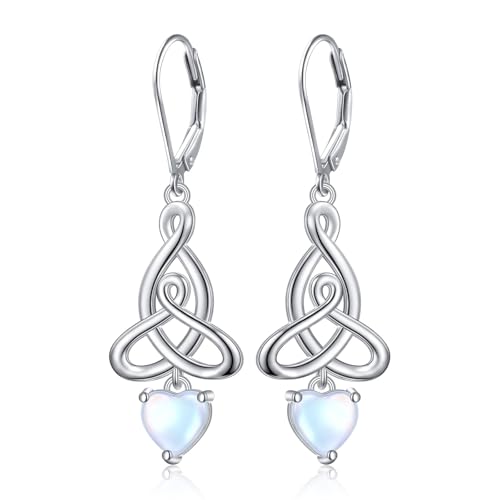 Celtic Knot Earrings 925 Sterling Silver Moonstone Irish Celtic Knot Dangle Hoop Earrings Leverback Jewelry Birthday Christmas Gifts