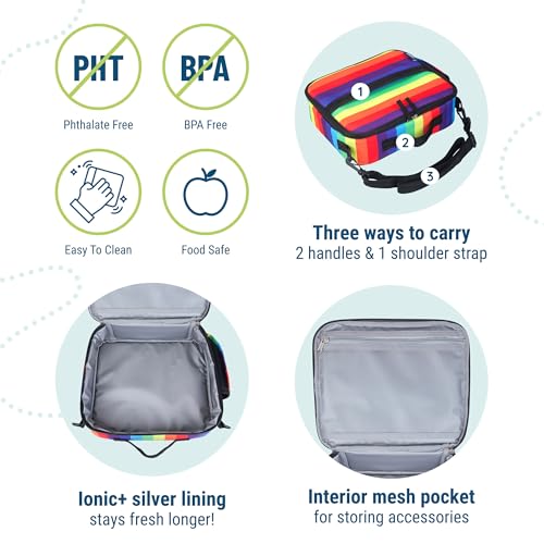 Image of Wildkin Kids ECO rPET Insulated Lunch Box - Keeps Food Hot or Cold, Easy-Clean Lining, Mesh Pockets & BPA-Free - Boys & Girls, Ideal for School, Travel & Daycare - Rainbow Stripe