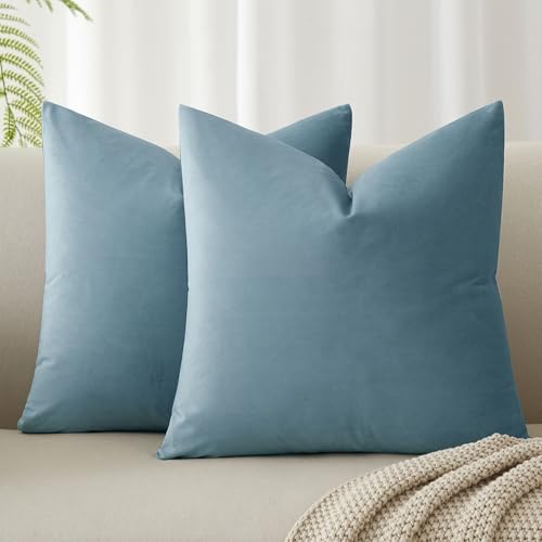 Image of JUSPURBET 16x16 Decorative Velvet Throw Pillow Covers Set of 2,Light Blue | Modern Soft Cushion Covers Cases with Hidden Zipper for Couch Sofa Bed Living Room Bedroom Home Decor