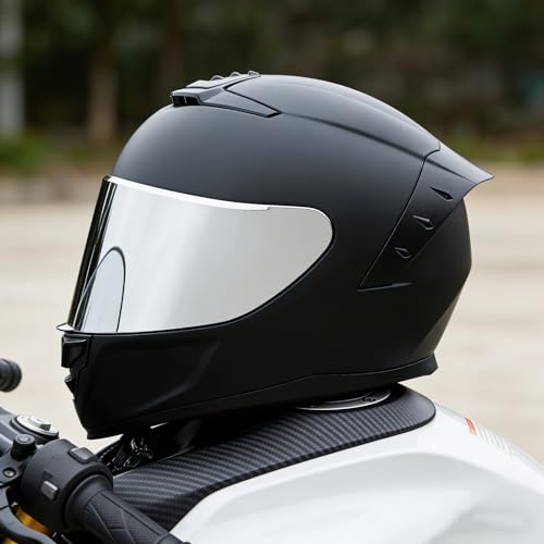 Image of Full Face Motorcycle Helmet,Helmets for Adults Motorcycle, MG611 Motorbike Racing Street Bike Helmets with Black Visor for Men Women,DOT Approved (Matte Black-Sliver+ Mask, S)