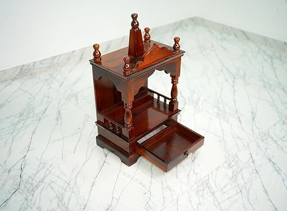 Image of Sheesham Wood Temple Solid Wood Classic Wooden Temple for Home, Office Pooja Mandir with 1 Drawer for Storage Home Decoration | Wall Devghar