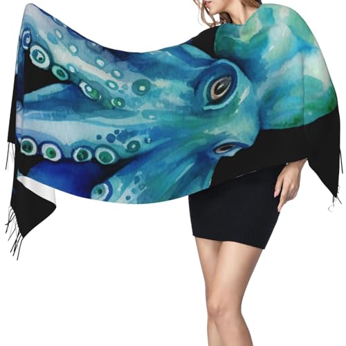 UNIOND Blue Watercolor Octopus Print Scarf For Women Fringed Shawl Cozy Warm Soft Fashion Long Scarves For Winter Autumn Gift, Black3
