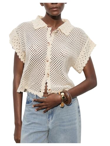 GORGLITTER Women's Summer Oversized Cardigans Short Sleeve Lightweight Button Up Crochet Tops