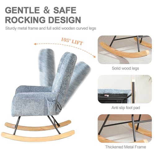 Image of Rocking Chair Nursery, Comfy Modern Nursery Rocking Reading Chair Indoor, Cozy Upholstered Glider Rocker Chairs for Living Room Bedroom Offices, Sillas Mecedoras(Chenille, Blue)