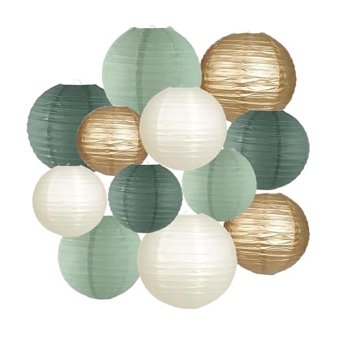 FRKOKRFA Lot de 12 lampions ronds en papier vintage vert sauge, doré et ivoire pour communion, baptême, mariage, anniversaire et fête de jardin