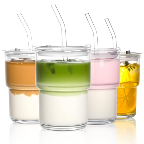 AUFXKOO 15oz Iced Coffee Cups with Lids Reusable,4Pcs Glass Matcha