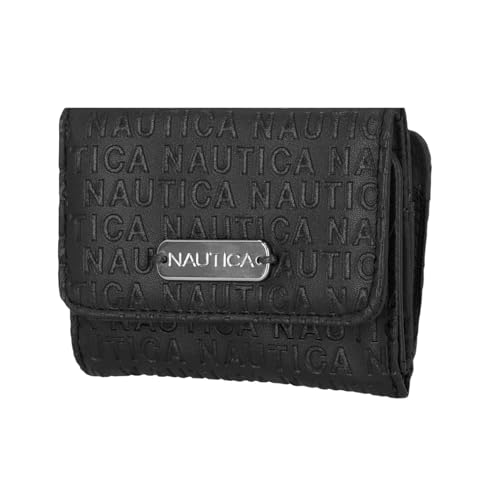 Image of Nautica Rower's End Small Wallet for Women, RFID Blocking Slim Credit Card Holder with Zipper Coin Pocket, Bifold Compact Wallet with ID Window in Black Logo