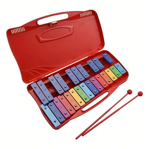 YAYUZEST Xylophone 25 Notes Glockenspiel for Students, Professional Xylophone Percussion Instrument with Hard Case and Safe Mallets, for Student Beginners, Music Teaching and Gifts (Red)