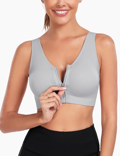 Women's Zip Front Sports Bra Wireless Post-Surgery Bra Active Yoga Sports Bras - Thumbnail 2