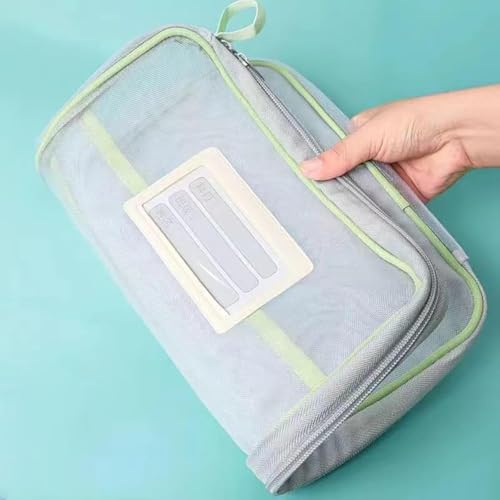 Image of Thickened Mesh Document Bag Folder, Waterproof A4 Size File Organizer with L-Shaped Zipper, 3-Layer Separation, Transparent Storage Pouch with Pastel Trim, 23.5x31x4cm