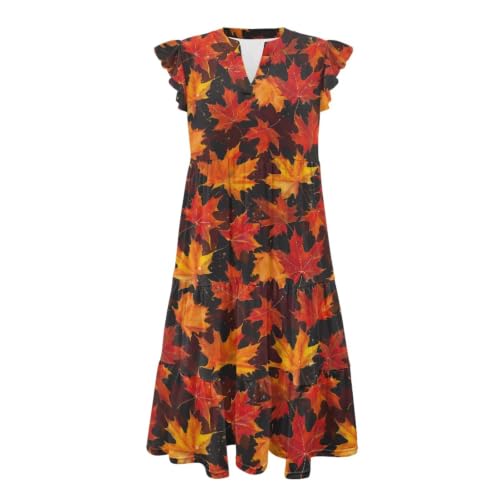 Image of Womens Summer Dress Ruffle Sleeve V Neck Dress Casual Fit Flowy Beach Vacation Sundress with Pocket S-2XL