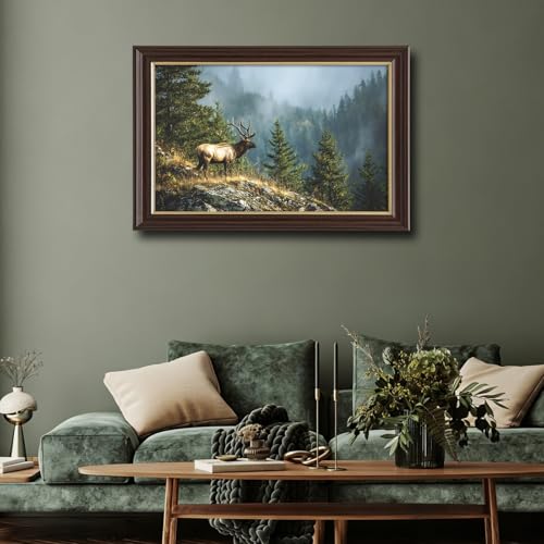 Image of Antique Framed Bull Elk Canvas Wall Art, Forest Wildlife Portrait Oil Painting Canvas Prints, Vintage Cabin Wall Decor Pictures for Living Room Bedroom Office