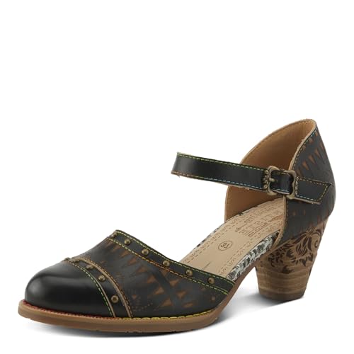 L'Artiste Women's NIOBELLA Hand-Painted Hook-and-Loop Mary Jane – Geometric Design, Decorative Buckle, Faux Stacked Heel