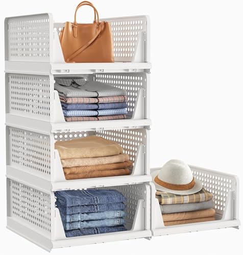 JD FRESH 5 Pieces Large Stackable Wardrobe Organizer for Storage/Foldable Cupboard Organiser for Clothes/Polypropylene Multipurpose Space Organiser Rack/Adjustable Sliding Drawer (White)