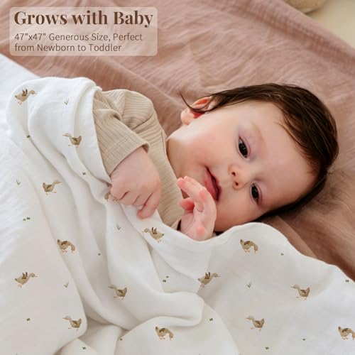 Image of POMISO Muslin Swaddle Blankets for Boys & Girls, Newborn Receiving Blankets, 4 Pack Soft Breathable Baby Swaddles, Large 47x47 Inches, Adorable Ducklings