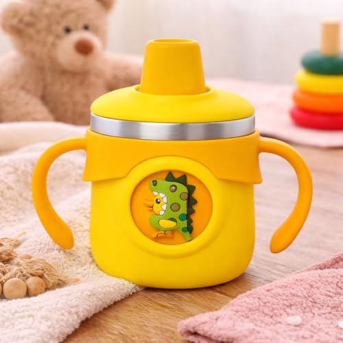 Image of THE LITTLE LOOKERS Stainless Steel Sipper Bottle 260ml | 316 Grade SS | BPA Free | Suitable for Hot & Cold |Travelling Bottle for Kids & Toddler|Training Sippy Cup with Straw /Spout (Yellow)