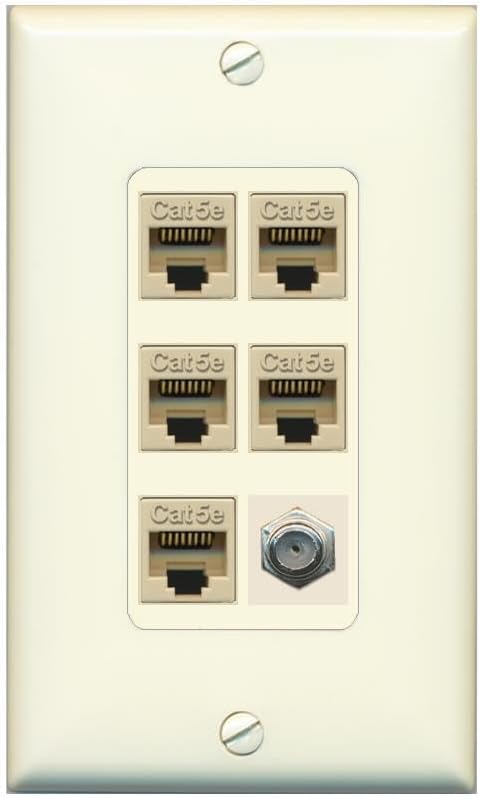 RiteAV 5 Port Cat5e Ethernet and 1 x Coax Wall Plate - 1 Gang Decorative [Stainless/White]