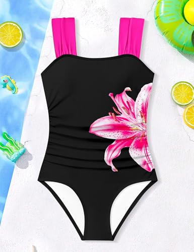 Image of Girls Swimsuit Adjustable Straps Cut Out One Piece Bathing Suit with Solid Color Cover Up Skirt Girls' Swimwear 5-16Y