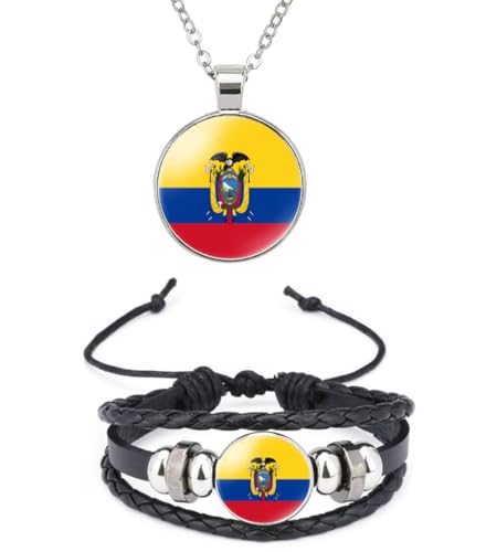 QTAOEIONG Ecuador Flag Metal Necklace and Alloy Leather Braided Rope Bracelet Bangle Set for Men Women (Yellow Ecuador)