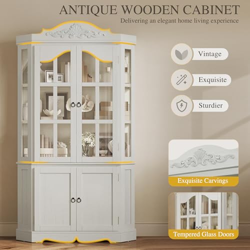 DWVO Carved Storage Cabinet, Tall Modern 5-Tier Large Glass Display Curio Pantry Hutch Buffet Cabinets Bookshelf w/Glass Doors and Shelves for Home Office Kitchen Living Dining Room, Retro White