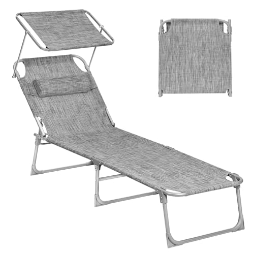SONGMICS Sun Lounger Deck Chair Folding Sunbed 193 x 53 x 29 cm Max. Load 150 kg with Sunshade Headrest Adjustable Backrest Reclining Sun Chair for Terrace Pool Garden Greige GCB19T