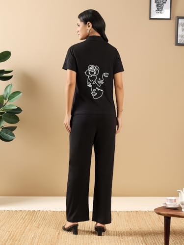 Image of Kvetoo Women Solid Tracksuit Set Cotton Lounge Wear Set Half Sleeve Polo T-Shirt & Straight Pant Casual Travel Outfit
