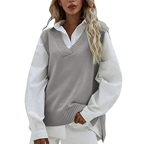 MNRIUOCII Short femme décontracté sans manches col en V côtelé tricot fendu pull gilet chemisier gilet femme tricot sans manches, gris, taille unique Cover