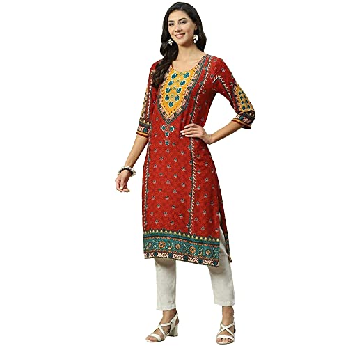 Image of BIBA Women Rayon Regular Fit Liva Straight Printed Kurta