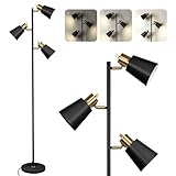 Tree Floor Lamp for Living Room, Industrial 3-Light Standing Lamp with 3 LED Bulbs, Adjustable Rotation Heads, Standing Tall Pole Lamp Farmhouse Rustic Reading Lamps for Bedroom Office (Black Gold)