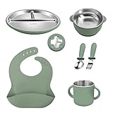 Baby Esslern Set aus Silikon & Edelstahl 304 | BPA-frei | Teller, Schüssel, Becher mit Griffen, Löffel, Gabel & Lätzchen | Herausnehmbarer Edelstahleinsatz