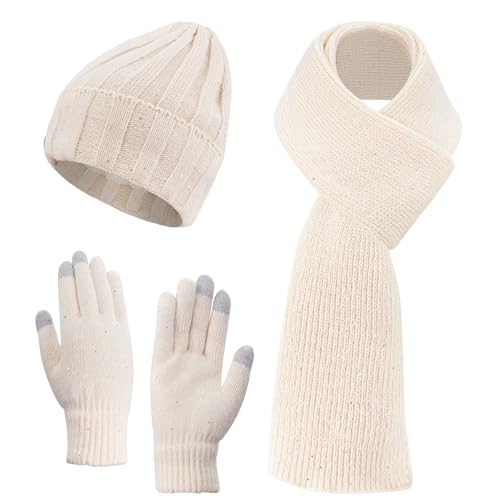 Womens Sparkly Winter Knit Fleece Lined Beanie Hat Touchscreen Gloves Long Scarf Set Gifts for Women