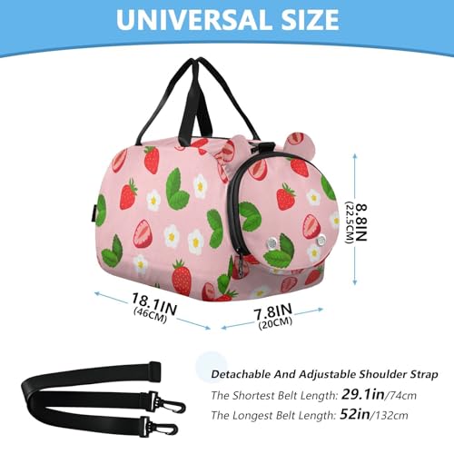 Red Strawberry Leaves Kids Travel Duffel Bag for Boys Girls Overnight Weekend Tote Bag with Shoes Compartment for Beach Swim Trip3