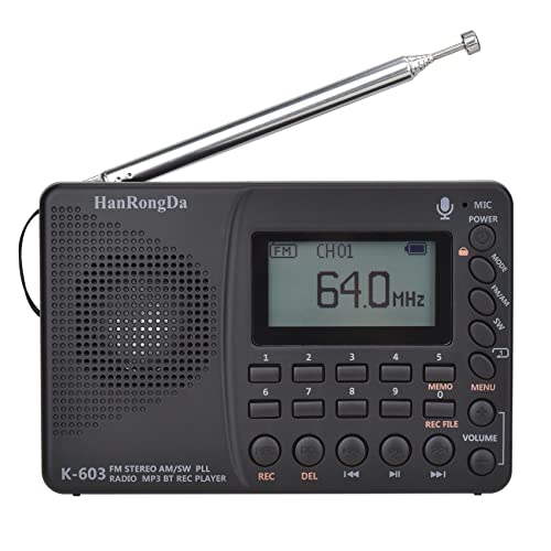 HanRongDa Shortwave Radio, AM FM Digital Radio, Rechargeable Radio Support Recording, Backlight LCD Display, Sleep Timer, Bass Speaker and TF Socket