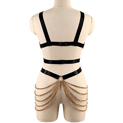 Women's Punk Body Harness Lingerie Full Waist Garter Belts Set Strappy Frame Cage Rave bras (Black Gold 65+52) - Image 5