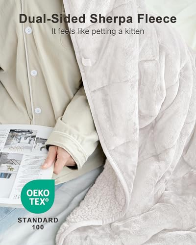Image of Ultra-Soft Weighted Blanket for Adults(15 lbs, 60 inch x 80 inch Queen Size) Plaid Sherpa Fleece Reversible Heavy Blanket with Glass Beads, Perfect for 140-190 lbs, Machine Washable, Cream