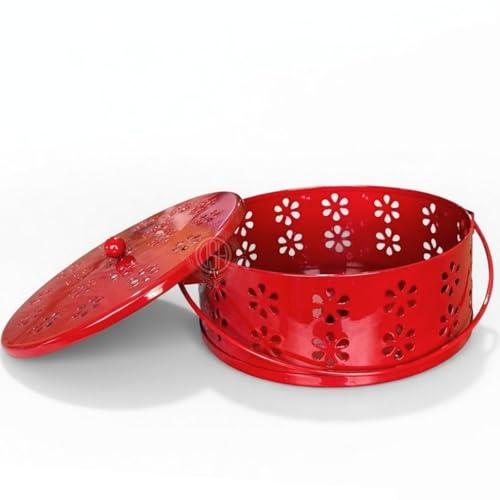 Image of DSH Metal Mosquito Coil Holder with Lid & Handle Ash Catcher Stand for Mosquito Coil Indoor Outdoor Safe Use (Red)