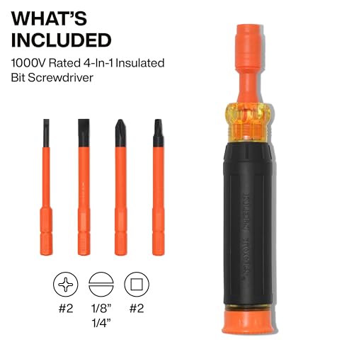 Image of Klein Tools 32604INS 4-in-1 Insulated Multi-Bit Screwdriver, Multi-Bit Driver with Auto-Locking Collar, 1000V Rated, In-Handle Bit Storage