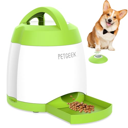 PETGEEK Dog Food Dispenser Toy, Interactive Pet Toys Treat Dispensing for IQ Training, Automatic Dog Treat Dispenser with Button Remote Push, Dual Power Supply for Indoor Outdoor Use, Green Color