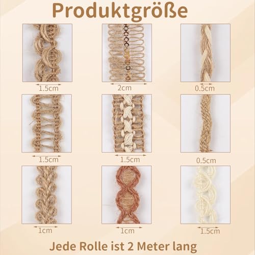 9 Rollen Bohemien Juteband, Vintage Sackleinen Band Geschenkband, Natur Stoffband Jute Band Rolle, Dekoband für DIY Geschenke Verpackung Hochzeitdeko Basteln Heimdekoration