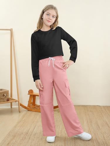Image of Betusline Girl's 2 Piece Outfits, Cute Girls Fall Clothing Sets Cargo Pants + T-Shirt Top, 4T-14 Years
