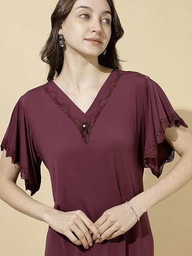 Image of 9shines Label Stylish Soft Modal Maxi Nighty | Honeymoon Nighty | Full Length Trendy Nightgown | V-Neck Lace | Premium Nightdress | Soft Long Nightdress | Maxi Gown Nightwear for Women (Malai Satin)