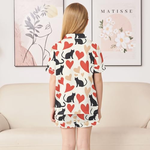 Black Cats Red Hearts Summer Satin Pajama Set, Cute Button-Down Sleepwear Pj Set for Sleep Wears4