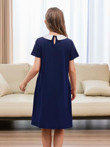 GORLYA Girls Vintage Collar Casual Loose Straight Swing T-Shirt Dress with Pockets 4-14Y2