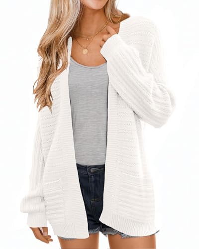 Image of Women's Open Front Cardigan Lantern Sleeve Cable Knit Cardigan Sweater Outwear with Pockets