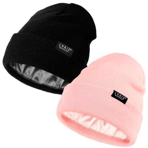 2 Pack Satin Lined Beanie Hats for Men Women Winter Warm Knitted Cuffed Silk Lined Slouchy Skull Cap