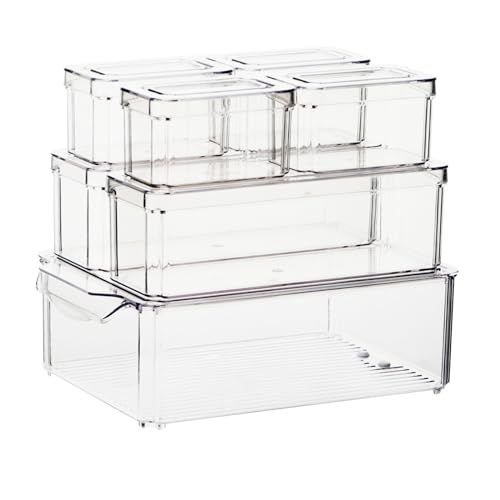 TuMuGoGo Fridge Organisers with Lids Set of 7 Stackable Fridge Organisers Fruits Vegetable Freezer Storage Boxes Clear Storage Containers for Kitchen Cupboards Freezer Cabinets Pantry