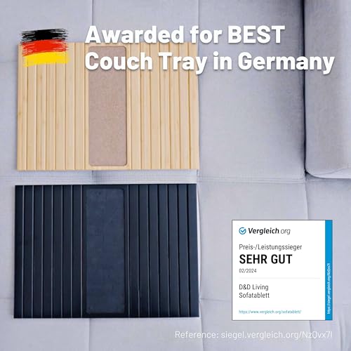 D&D Living® Sofa Tray - Flexible Couch Armrest Organizer with Anti-Slip Cork Pad | Sofa Tray with 18.5x13.4 inches, Sustainable Large Black Bamboo, FX50BLK