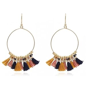 Bohemian Handmade Multi Color Tassel with Yellow Gold Plated Dangle Drop Statement Earrings