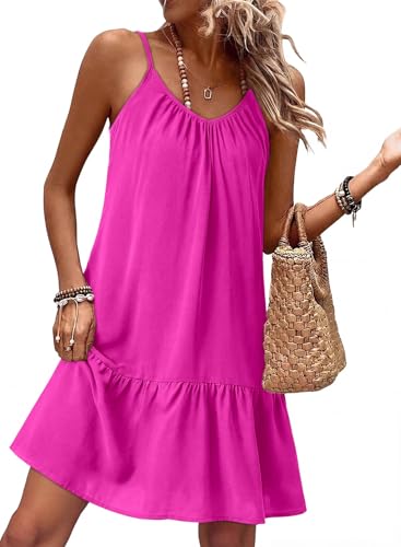 Image of Dokotoo Summer Dresses for Women 2026 Spaghetti Strap Sexy Deep V Neck Smocked Ruffle Flowy Boho Dresses